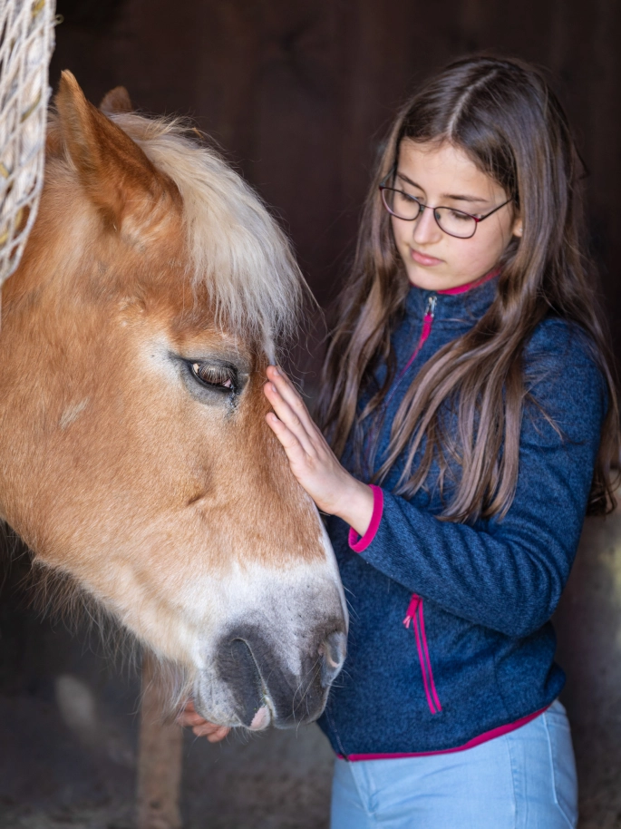 Mädchen streichelt Pferd